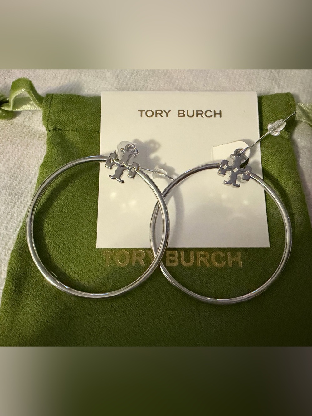 Tory Burch Silver Hoop Earrings with Logo Charm